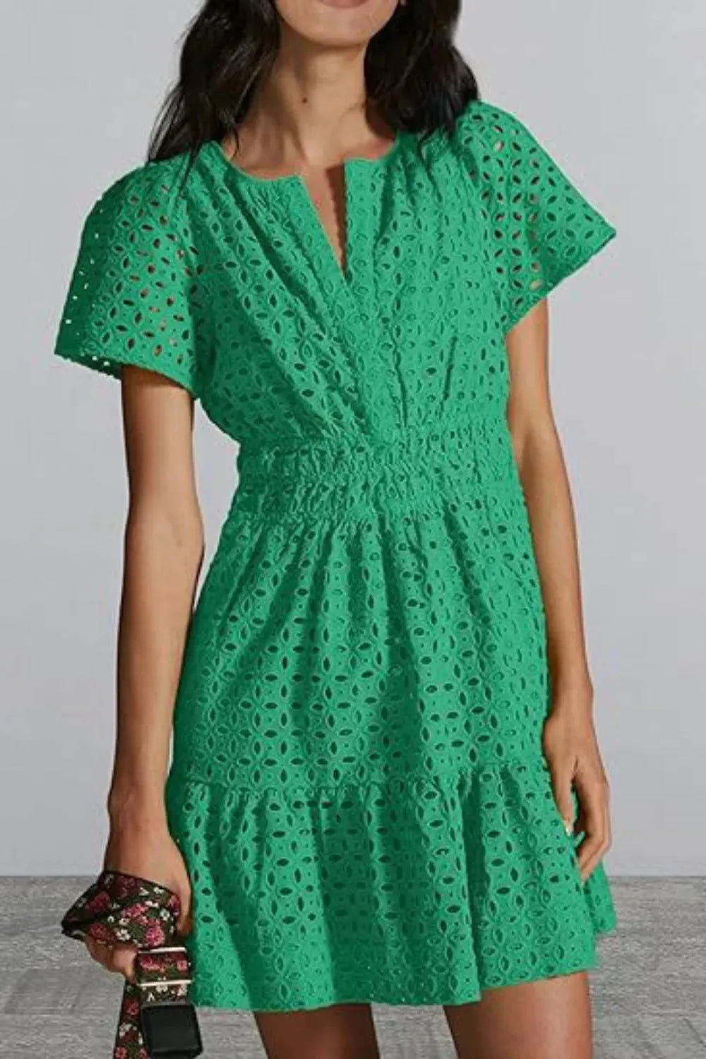 Eyelet Notched Short Sleeve Mini Dress Green Casual Dresses - Tophatter Daily Deals