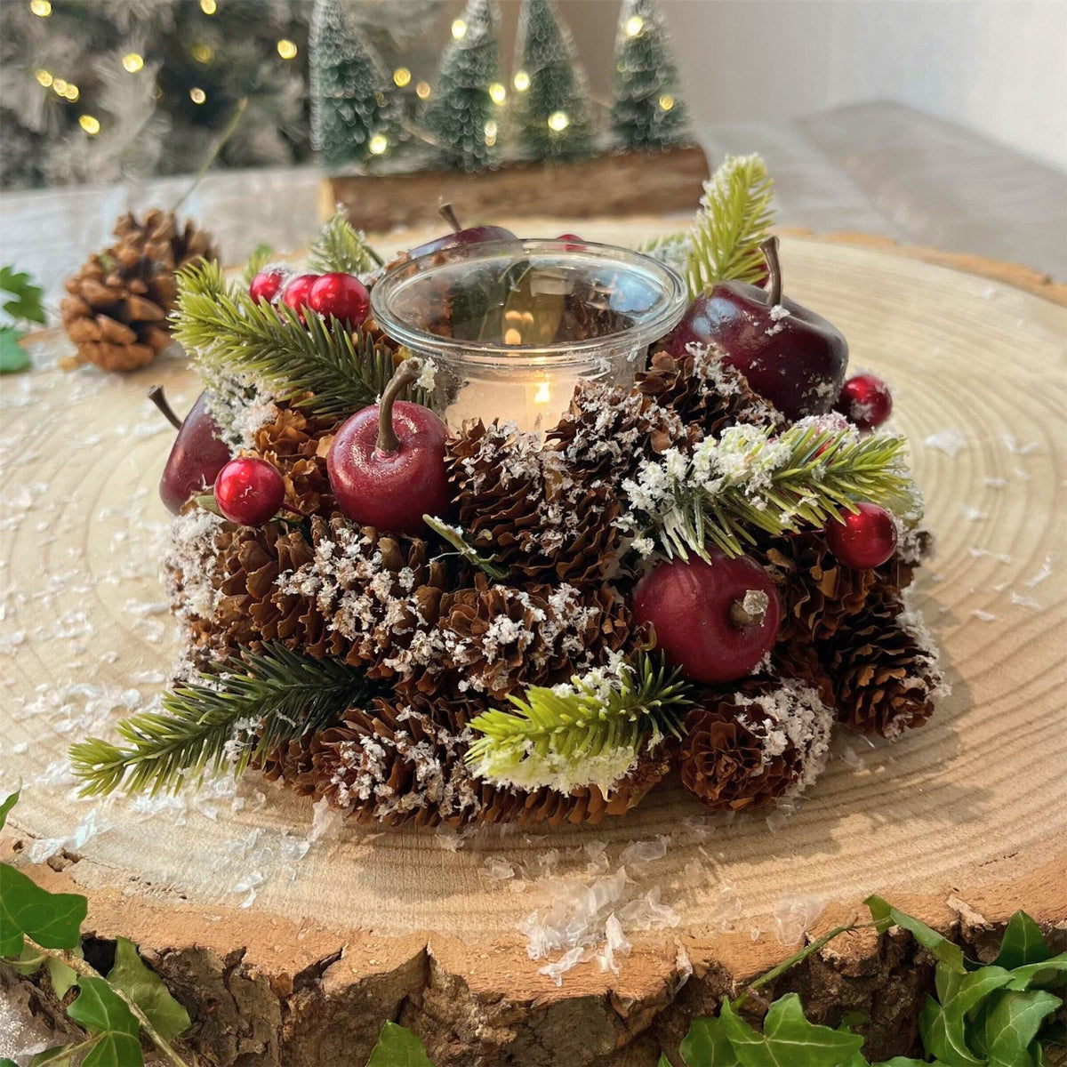 Christmas Tealight Candle Holder | Pinecone & Fruit Wreath Centrepiece - 16cm Candle Holder - Tophatter Daily Deals