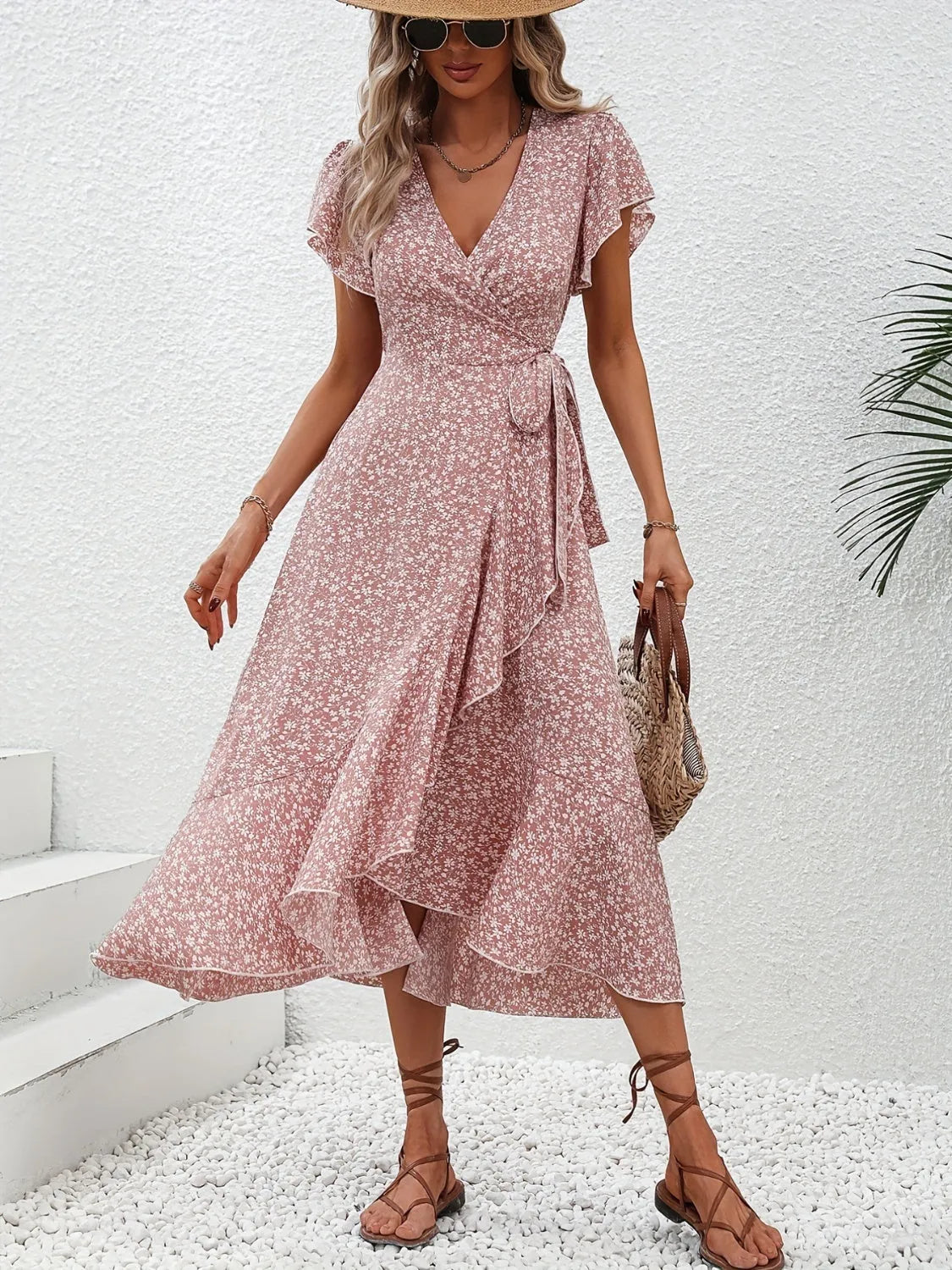 Printed Surplice Flutter Sleeve Midi Dress Casual Dresses - Tophatter Daily Deals