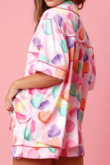 Pink Full Pattern Shirt and Shorts Satin Pajama Set Loungewear & Sleepwear/Sleepwear - Tophatter Daily Deals