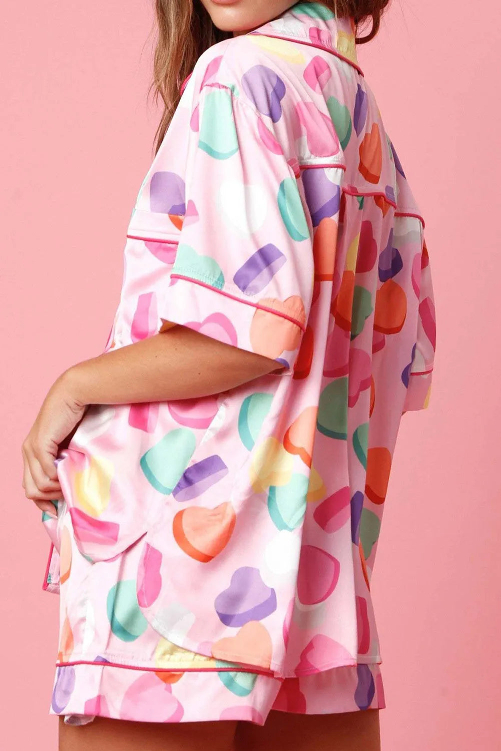 Pink Full Pattern Shirt and Shorts Satin Pajama Set Loungewear & Sleepwear/Sleepwear - Tophatter Daily Deals