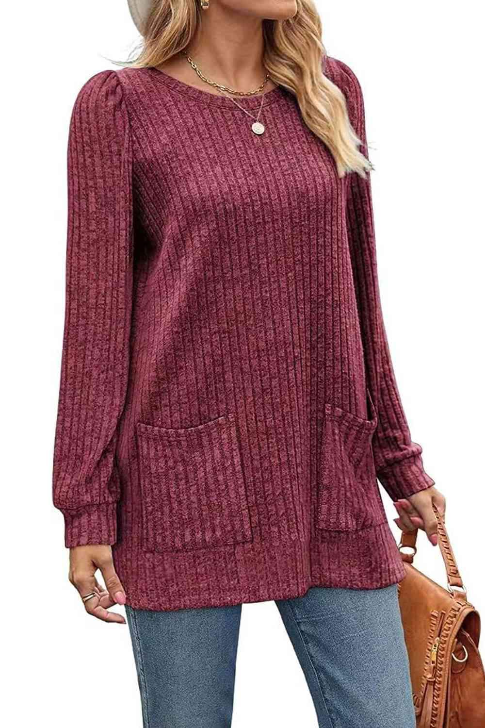 Ribbed Round Neck Long Sleeve T-Shirt Wine Women's T-Shirts - Tophatter Daily Deals