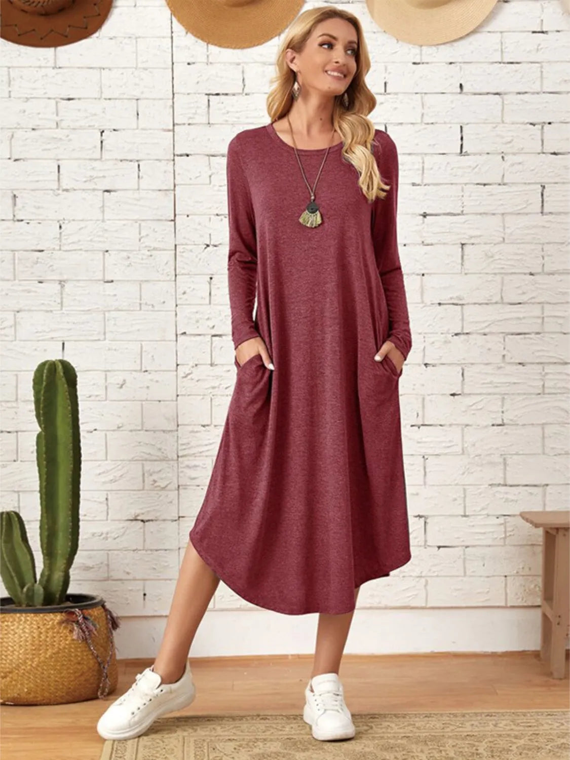 Pocketed Round Neck Long Sleeve Tee Dress Wine Casual Dresses - Tophatter Daily Deals