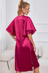 Satin Flutter Sleeve Side Slit V-Neck Night Dress Sleep Dresses - Tophatter Daily Deals