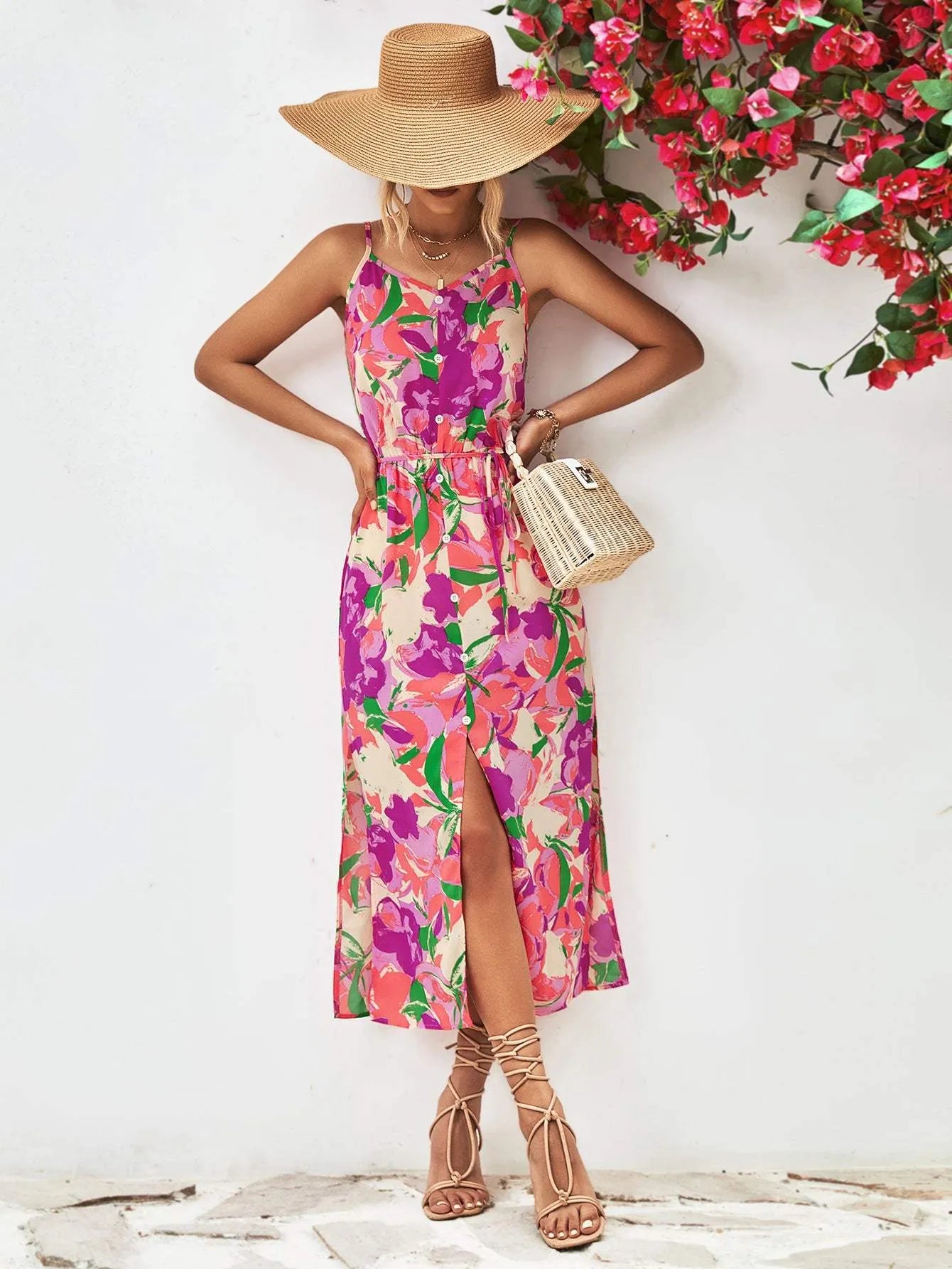 Printed Spaghetti Strap Front Slit Dress Casual Dresses - Tophatter Daily Deals