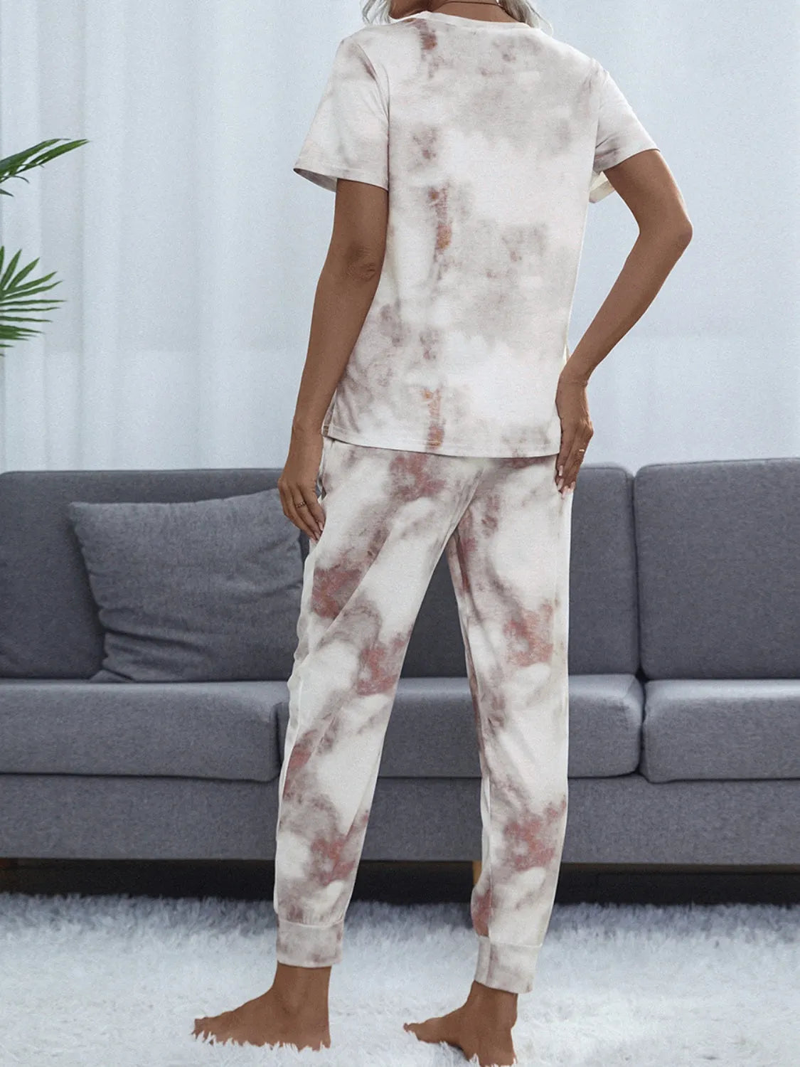 Tie-Dye Round Neck Short Sleeve Top and Pants Lounge Set Loungewear Sets - Tophatter Daily Deals