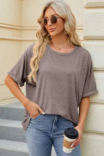 Round Neck Half Sleeve T-Shirt Taupe Women's T-Shirts - Tophatter Daily Deals