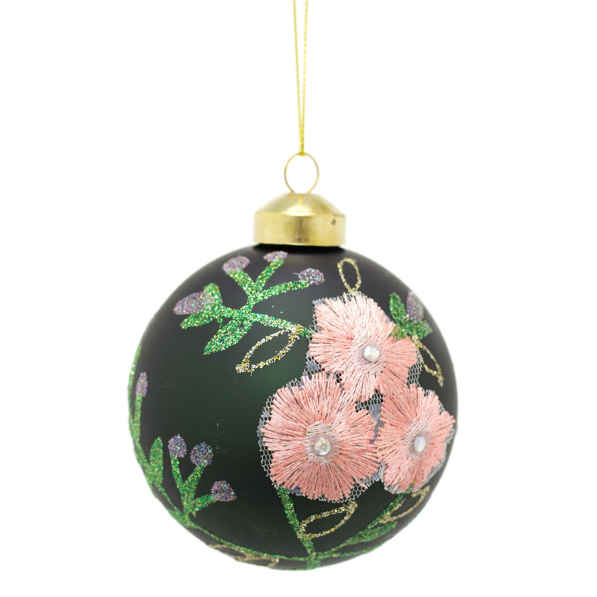 8cm Embroidered Floral Christmas Bauble | Green Glitter Christmas Ball Tree Decorations | Xmas Bauble Christmas Decor - Design Varies One Supplied Baubles - Tophatter Daily Deals