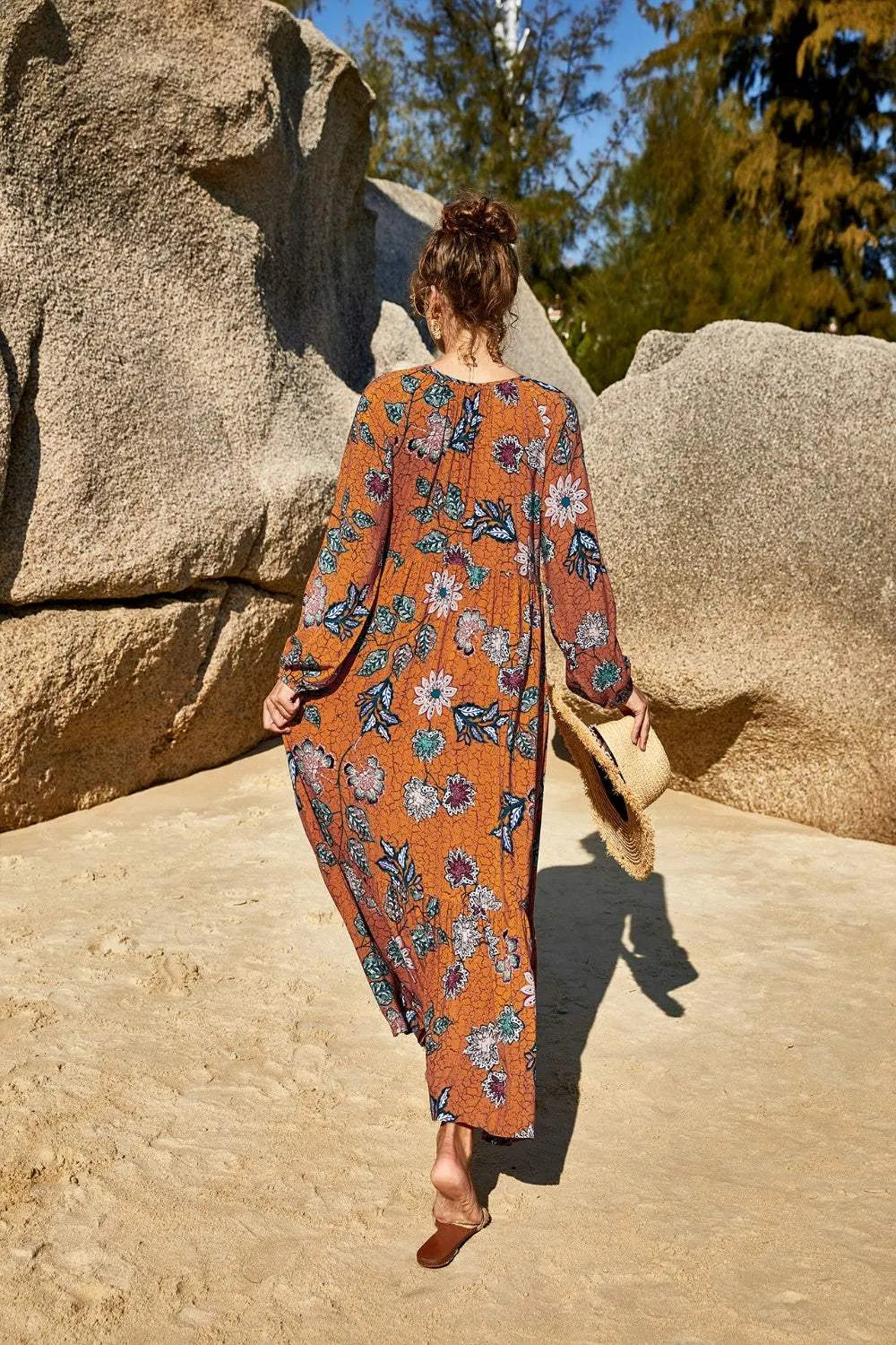 Printed Tie Neck Long Sleeve Dress Casual Dresses - Tophatter Daily Deals