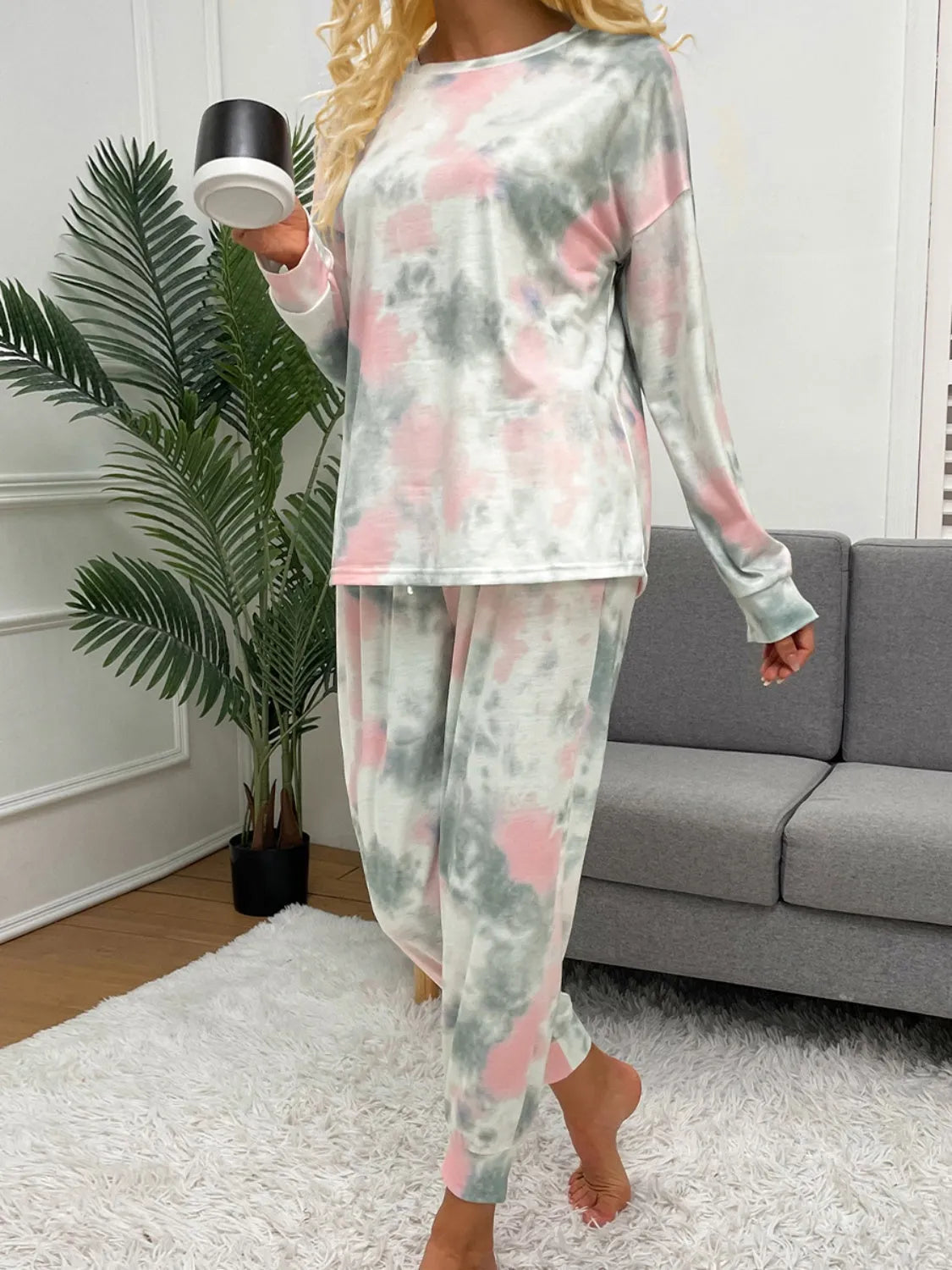 Tie-Dye Round Neck Top and Drawstring Pants Lounge Set Loungewear Sets - Tophatter Daily Deals