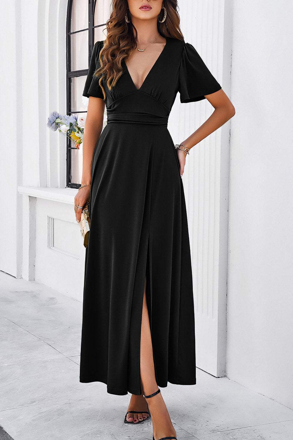 Slit V-Neck Short Sleeve Dress Casual Dresses - Tophatter Daily Deals