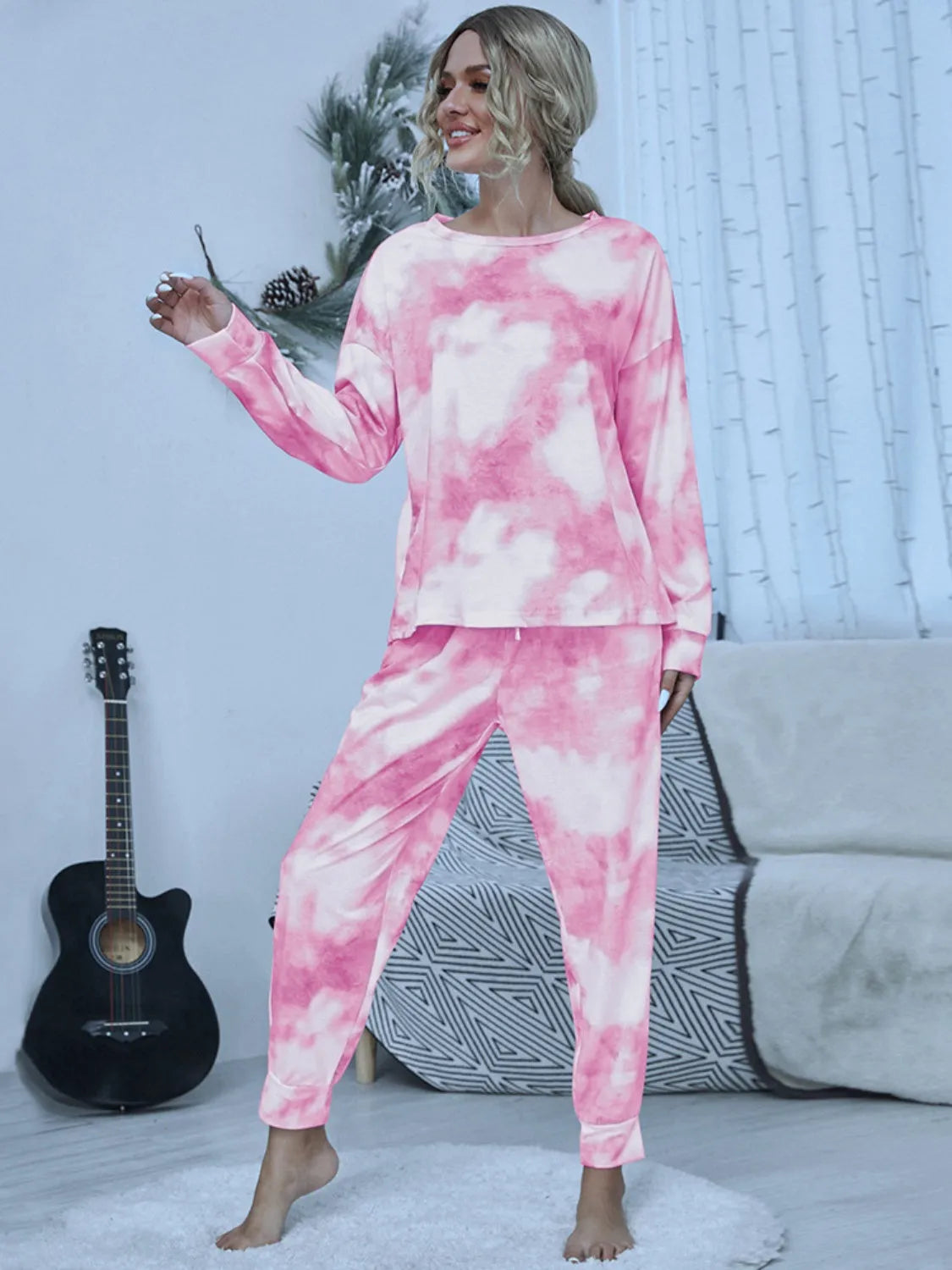 Tie-Dye Round Neck Top and Pants Lounge Set Loungewear Sets - Tophatter Daily Deals