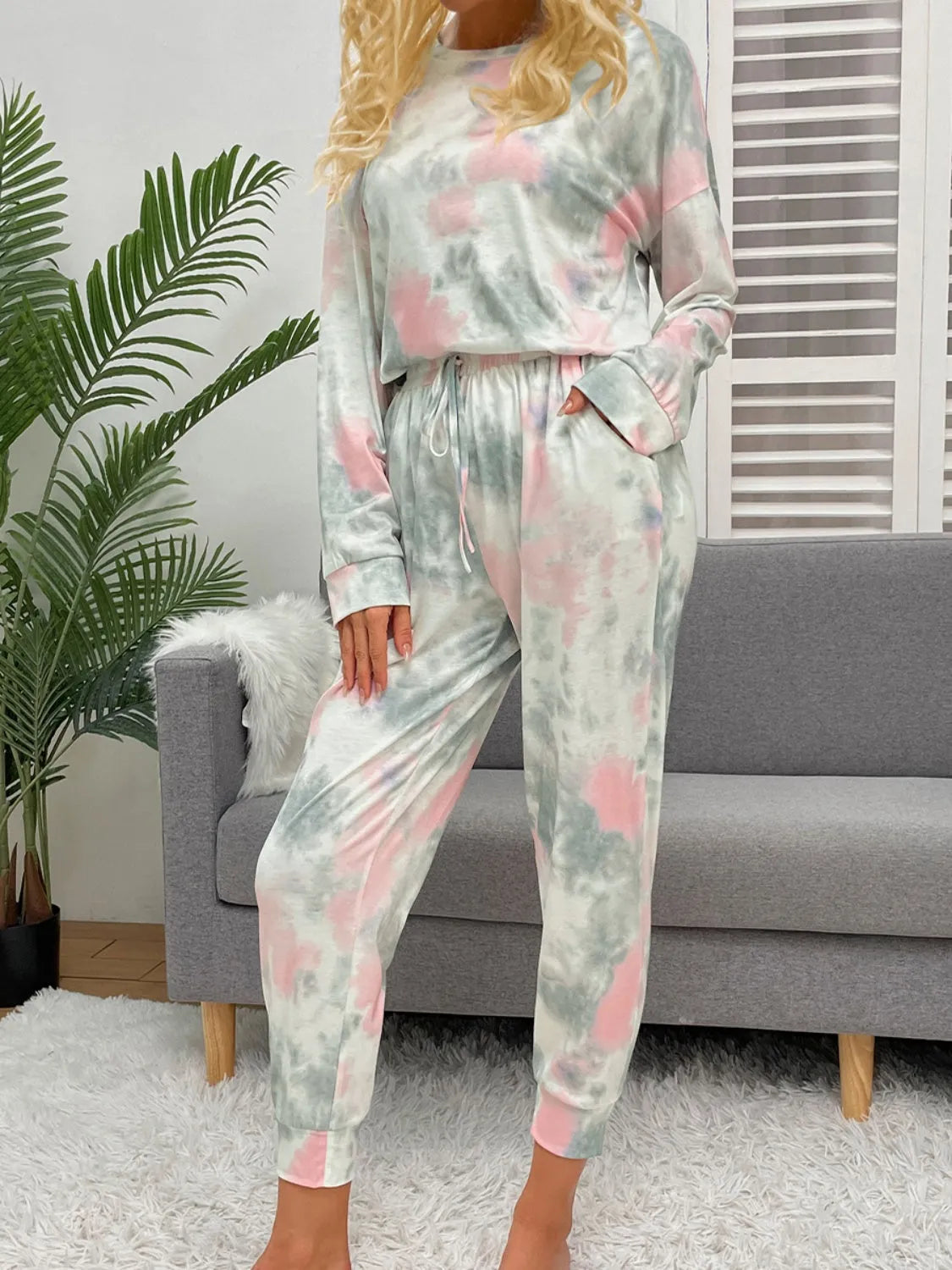 Tie-Dye Round Neck Top and Drawstring Pants Lounge Set Gray Loungewear Sets - Tophatter Daily Deals