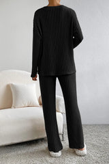 Black Ribbed Knit V Neck Slouchy Two-piece Outfit Loungewear & Sleepwear/Loungewear - Tophatter Daily Deals