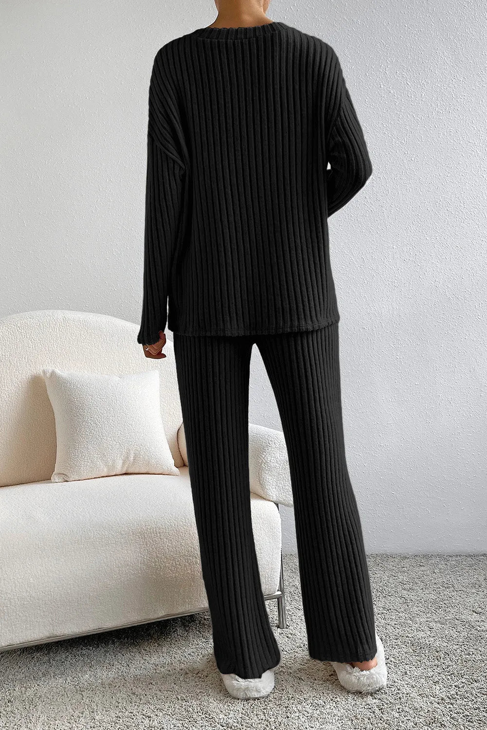 Black Ribbed Knit V Neck Slouchy Two-piece Outfit Loungewear & Sleepwear/Loungewear - Tophatter Daily Deals