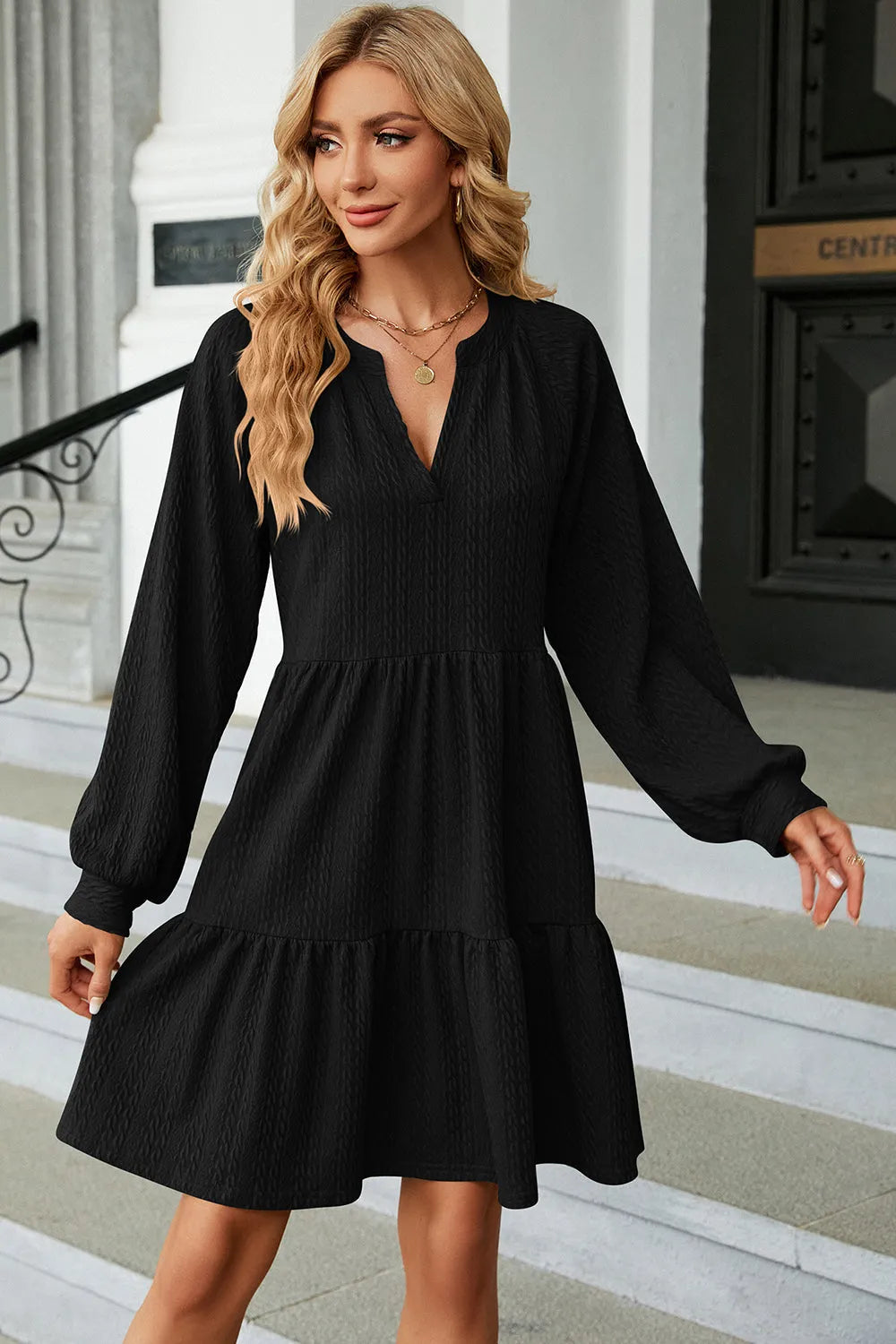 Ruched Notched Long Sleeve Mini Dress Black Casual Dresses - Tophatter Daily Deals