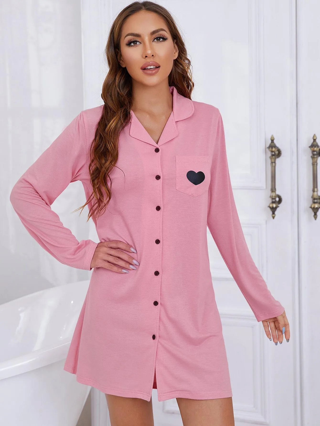 Heart Graphic Lapel Collar Long Sleeve Night Dress Pink Sleep Dresses - Tophatter Daily Deals