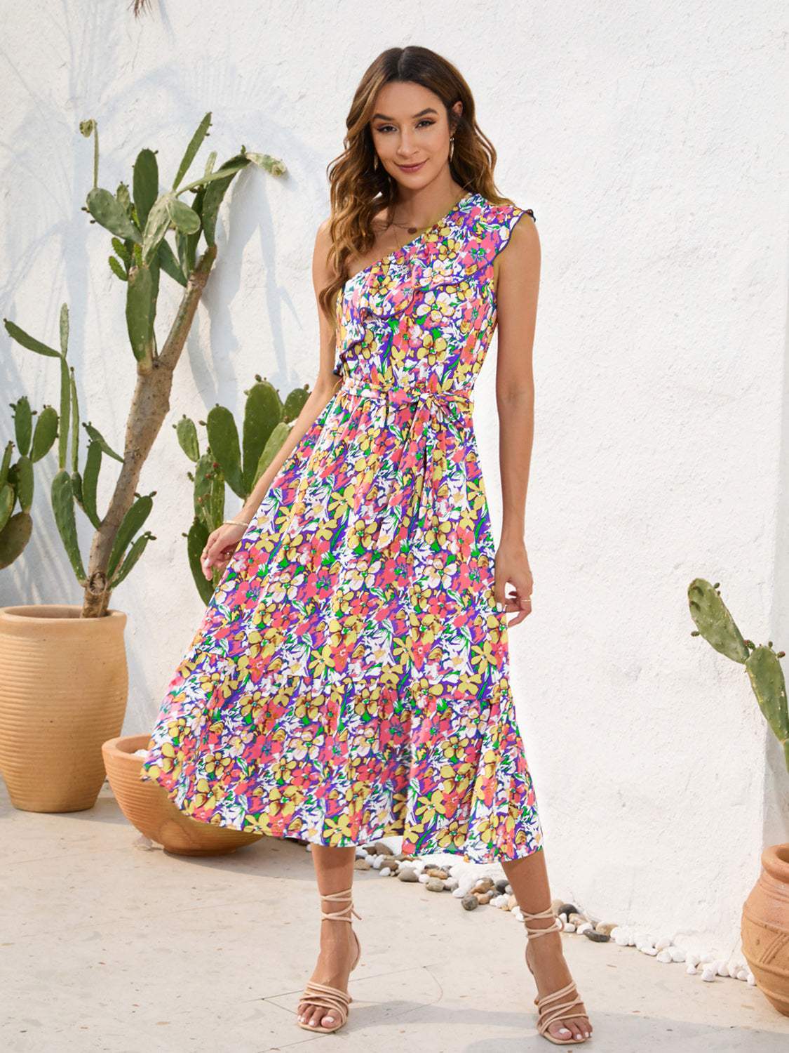 Ruffled Printed One Shoulder Midi Dress True Yellow Casual Dresses - Tophatter Daily Deals