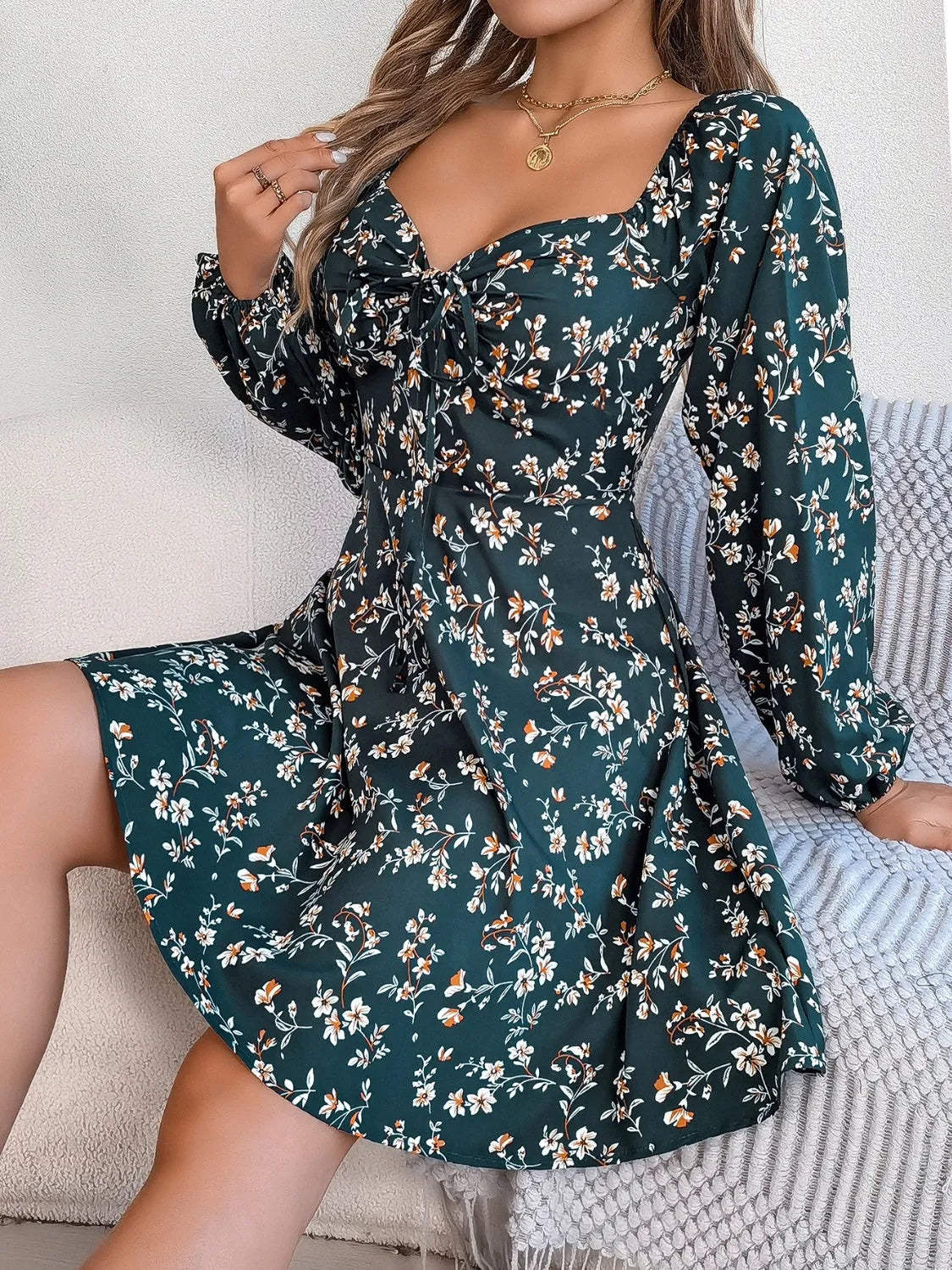 Printed Sweetheart Neck Balloon Sleeve Mini Dress Casual Dresses - Tophatter Daily Deals