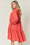 Double Take Full Size V-Neck Balloon Sleeve Tiered Dress Casual Dresses - Tophatter Daily Deals