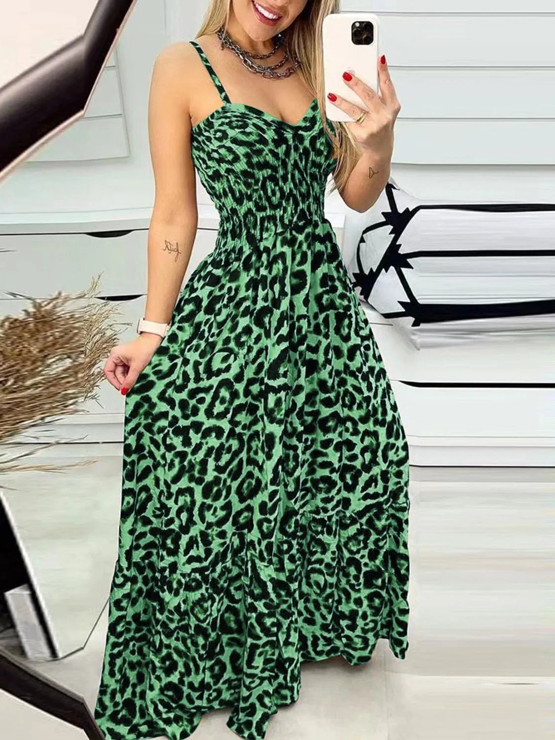 Leopard Sweetheart Neck Cami Dress Green Casual Dresses - Tophatter Daily Deals