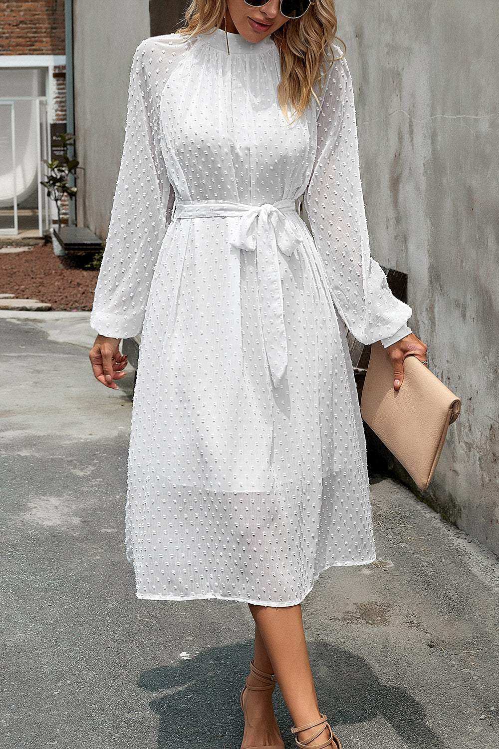 Swiss Dot Tie Waist Dress White Casual Dresses - Tophatter Daily Deals