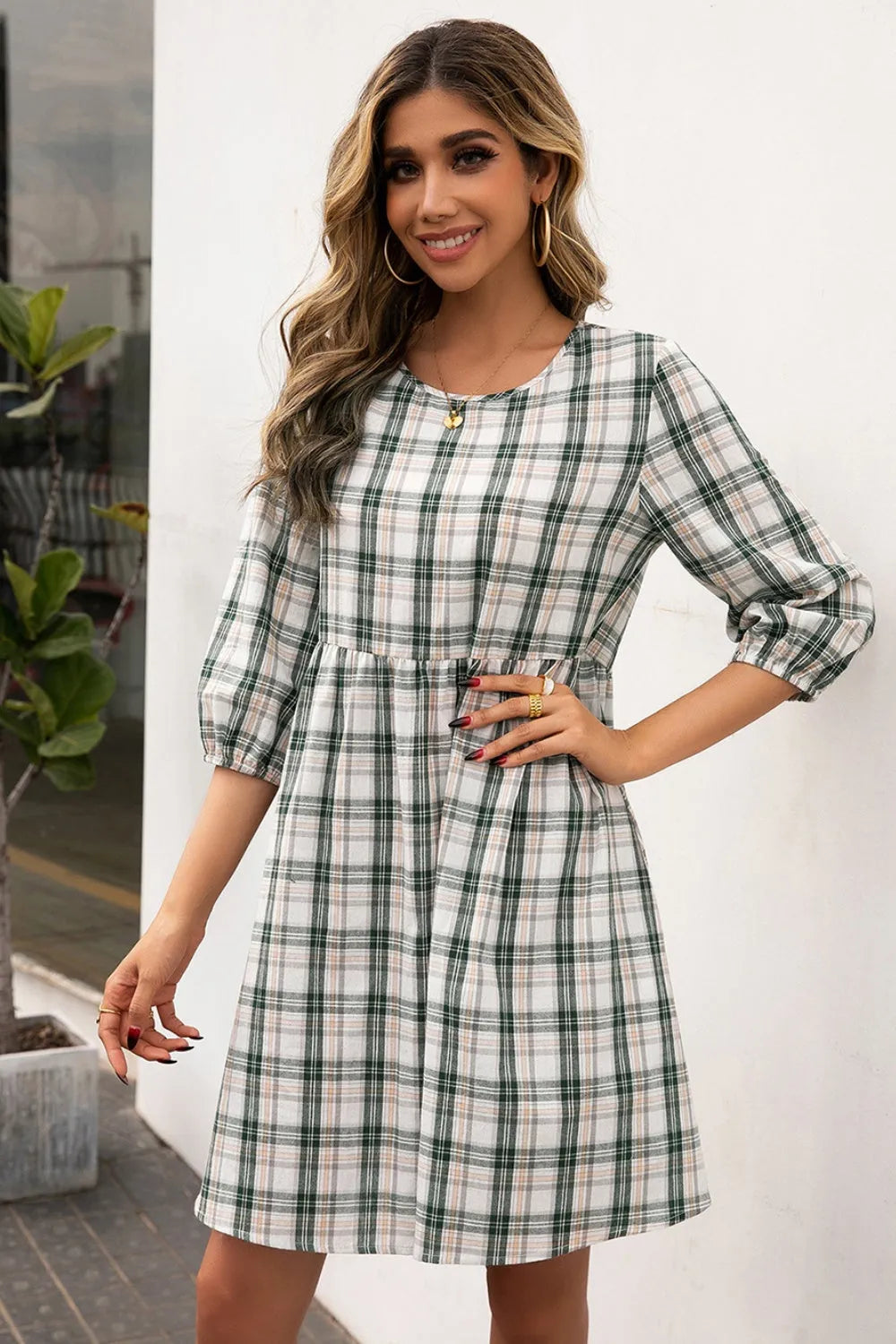 Ivy Lane Plaid Round Neck Mini Dress Dark Green Casual Dresses - Tophatter Daily Deals