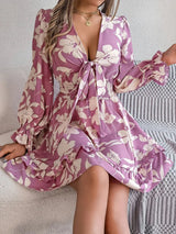 Tied Ruffled Printed Long Sleeve Dress Casual Dresses - Tophatter Daily Deals
