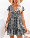 Printed V-Neck Buttoned Short Sleeve Mini Dress Charcoal Casual Dresses - Tophatter Daily Deals