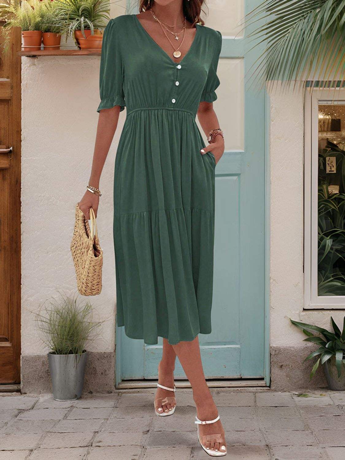 Ruched V-Neck Half Sleeve Midi Dress Dark Green Casual Dresses - Tophatter Daily Deals