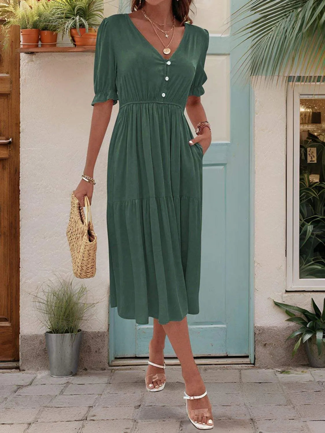 Ruched V-Neck Half Sleeve Midi Dress Dark Green Casual Dresses - Tophatter Daily Deals