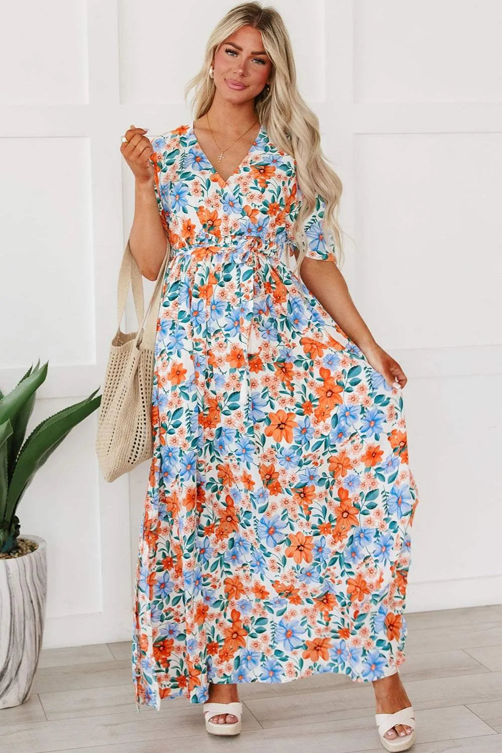 Tied Slit Printed Half Sleeve Maxi Dress Casual Dresses - Tophatter Daily Deals