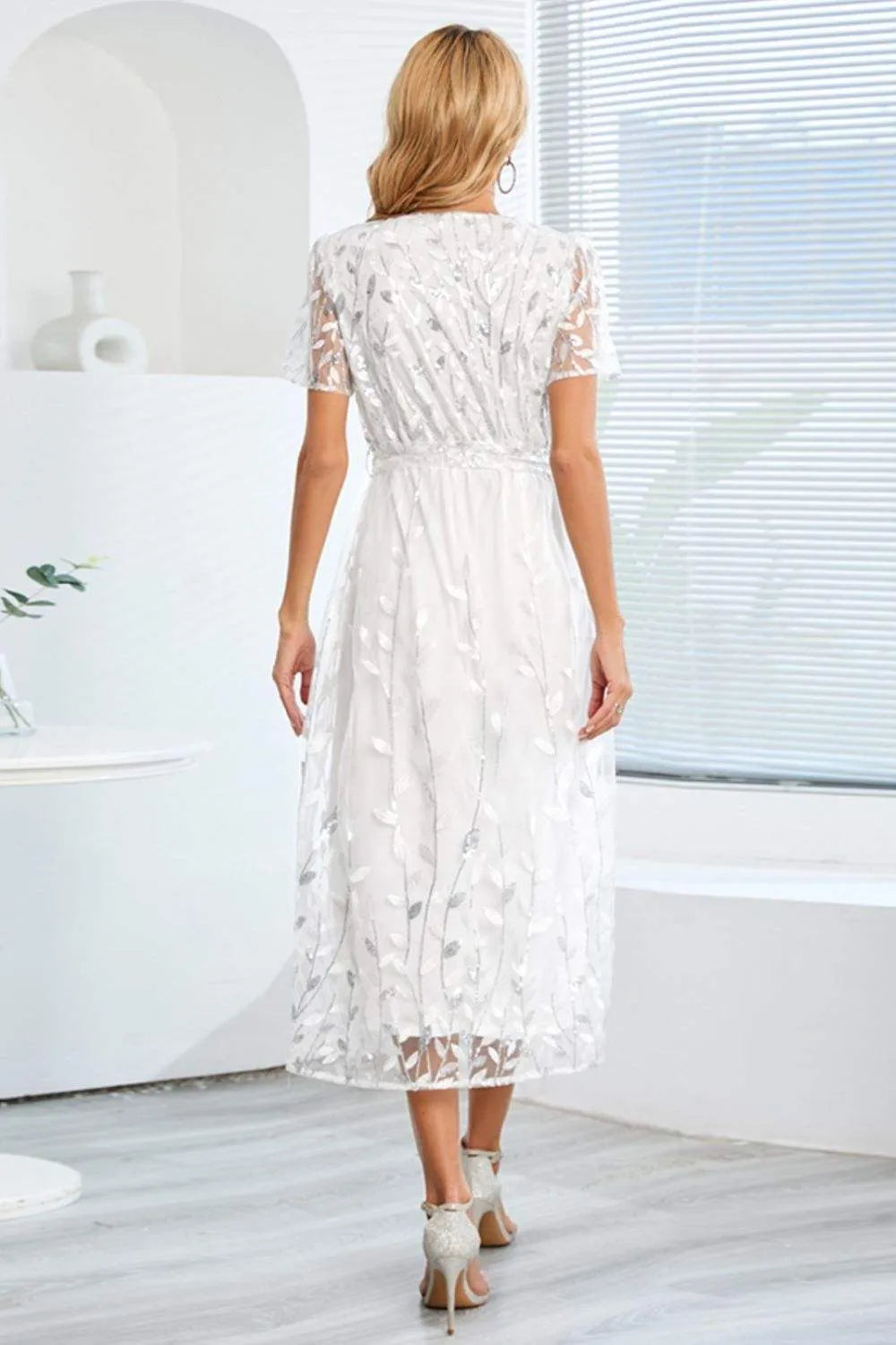 Sequin Leaf Embroidery Tie Front Short Sleeve Dress Cocktail Dresses - Tophatter Daily Deals