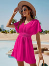 Smocked V-Neck Short Sleeve Dress Deep Rose Casual Dresses - Tophatter Daily Deals