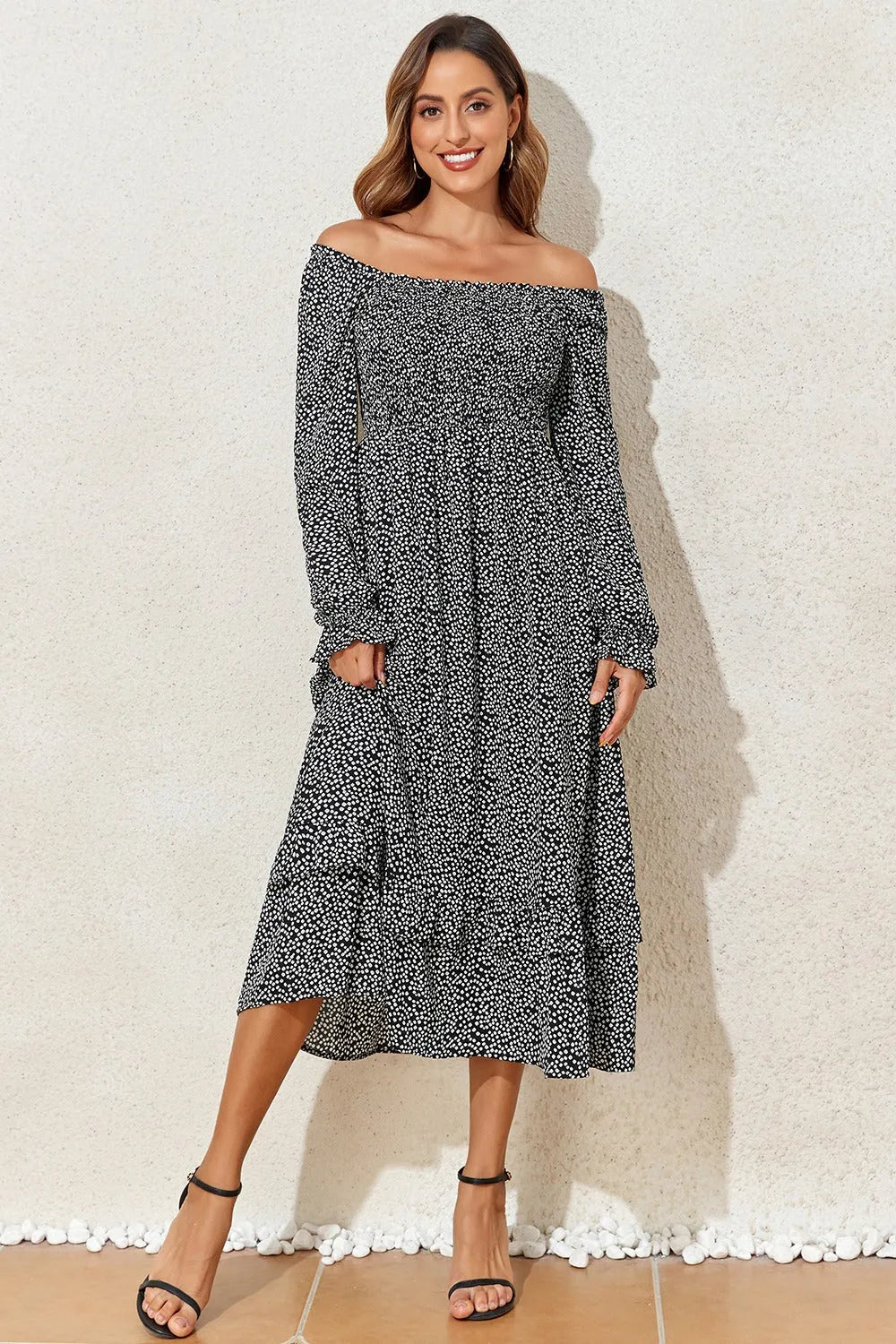 Printed Square Neck Long Sleeve Midi Dress Casual Dresses - Tophatter Daily Deals