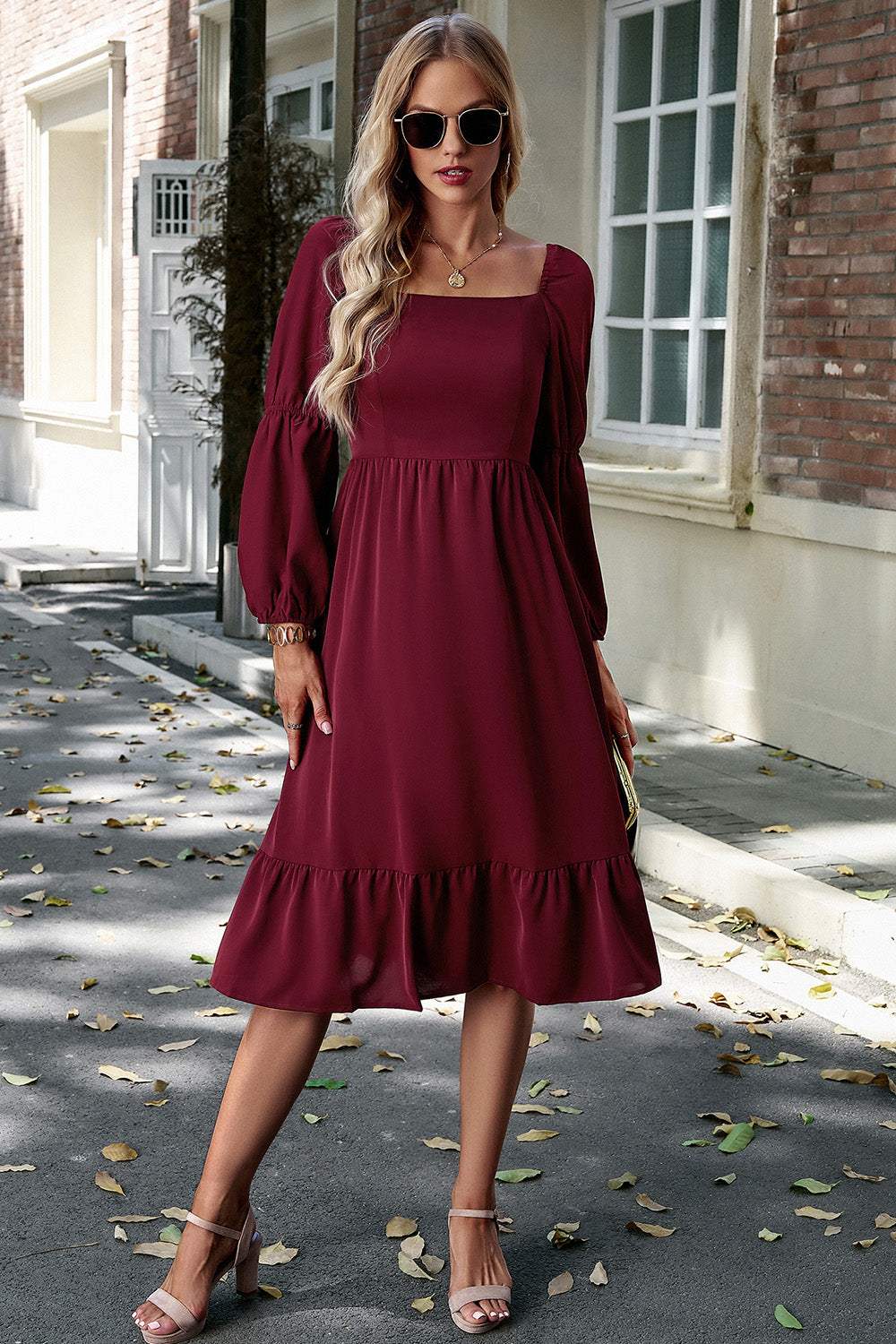 Square Neck Balloon Sleeve Midi Dress Casual Dresses - Tophatter Daily Deals