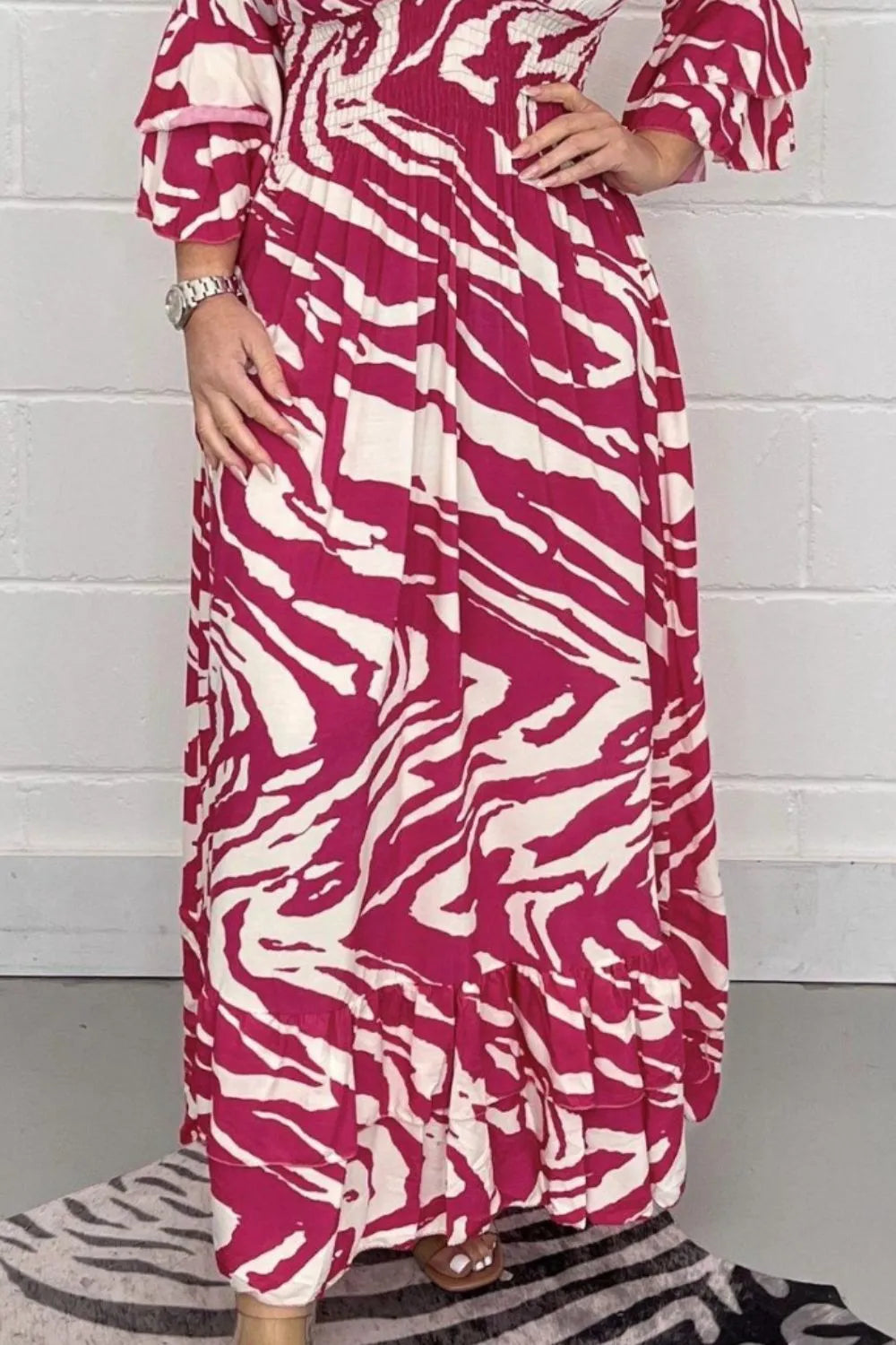 Smocked Printed Flounce Sleeve Maxi Dress Casual Dresses - Tophatter Daily Deals