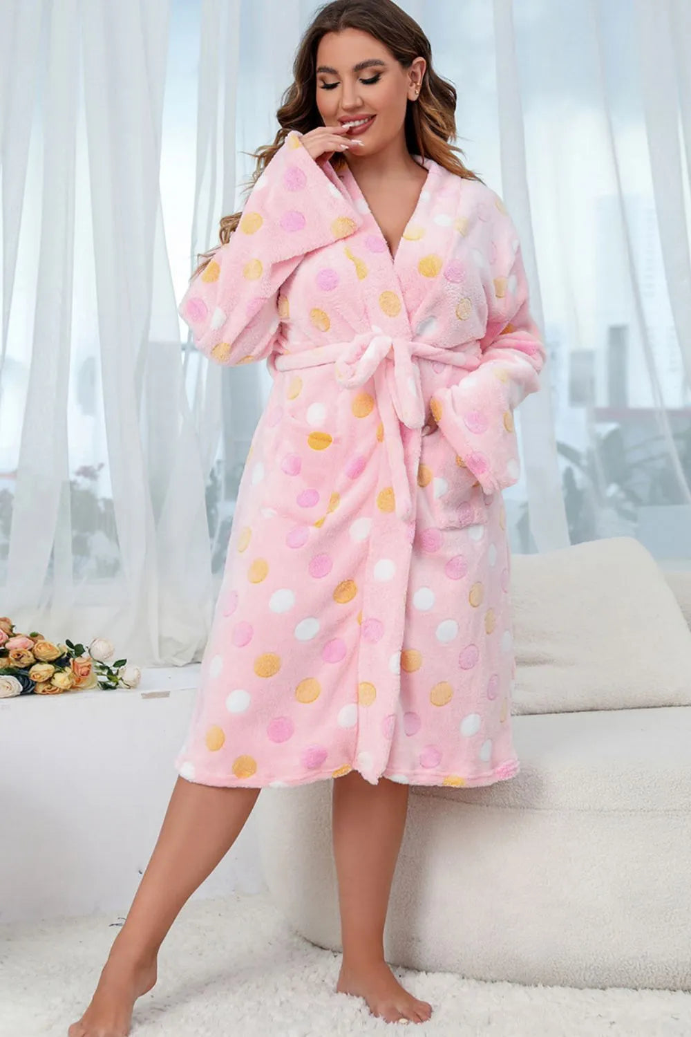 Plus Size Printed Tie Waist Robe with Pocket Blush Pink Sleep Dresses - Tophatter Daily Deals