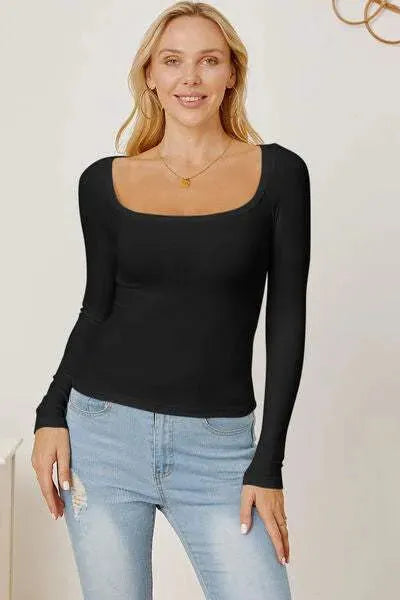 Square Neck Long Sleeve T-Shirt Black Women's T-Shirts - Tophatter Daily Deals