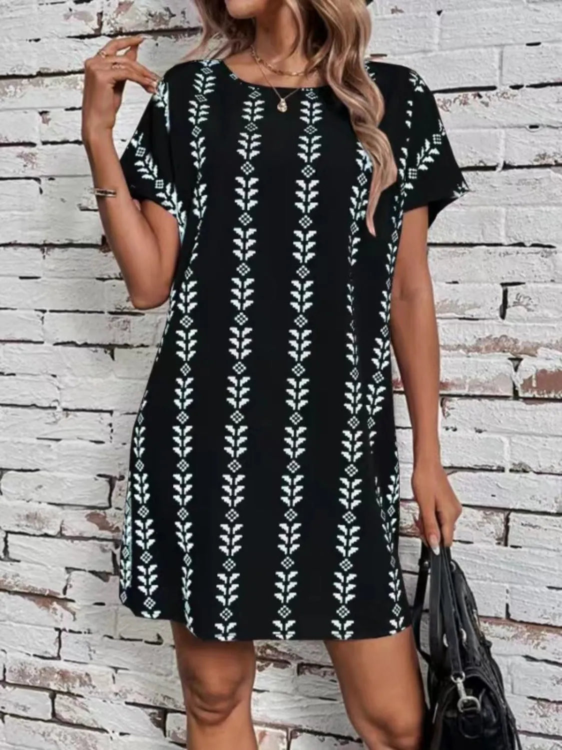 Printed Round Neck Short Sleeve Dress Black Casual Dresses - Tophatter Daily Deals