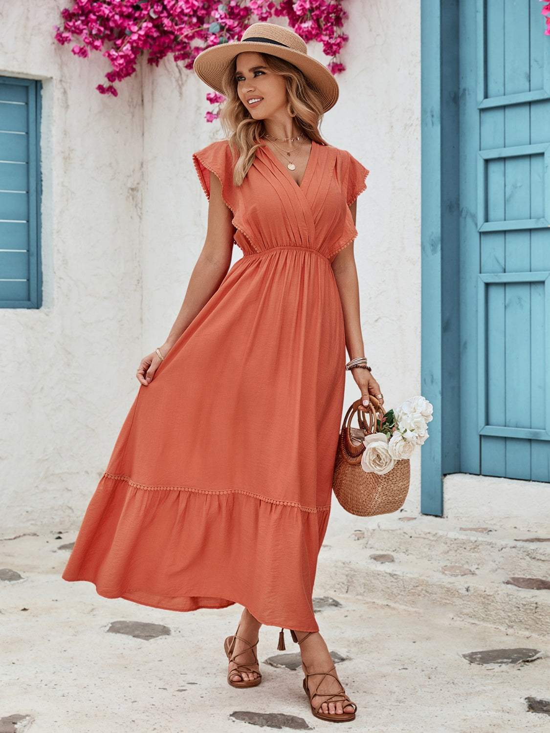 Ruffled Surplice Cap Sleeve Dress Casual Dresses - Tophatter Daily Deals