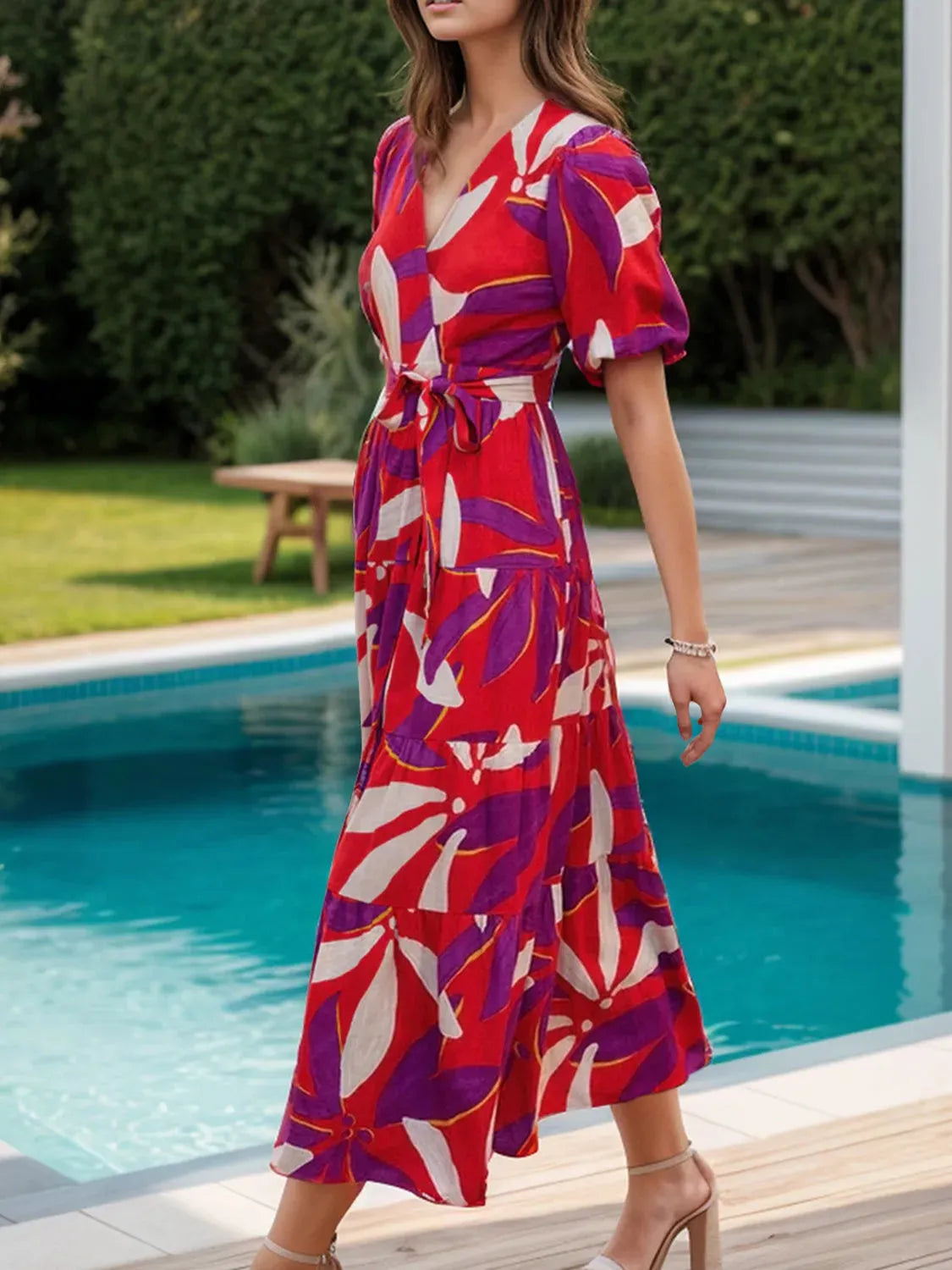 Tied Slit Printed Half Sleeve Midi Dress Casual Dresses - Tophatter Daily Deals
