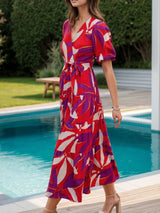Tied Slit Printed Half Sleeve Midi Dress Casual Dresses - Tophatter Daily Deals