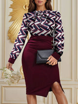 Decorative Button Slit Printed Long Sleeve Dress Casual Dresses - Tophatter Daily Deals