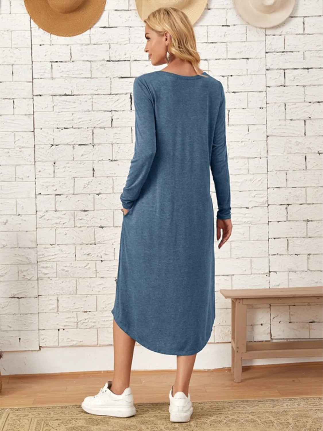 Pocketed Round Neck Long Sleeve Tee Dress Casual Dresses - Tophatter Daily Deals