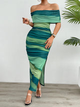 Split Color Block Off-Shoulder Dress Casual Dresses - Tophatter Daily Deals