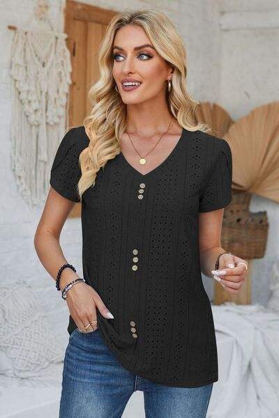 Decorative Button Eyelet V-Neck Short Sleeve T-Shirt Black Women's T-Shirts - Tophatter Daily Deals