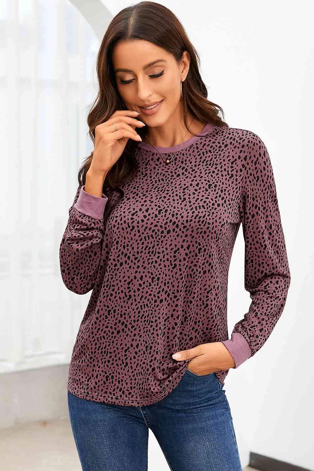 Full Size Printed Round Neck Long Sleeve T-Shirt Moonlit Mauve Women's T-Shirts - Tophatter Daily Deals