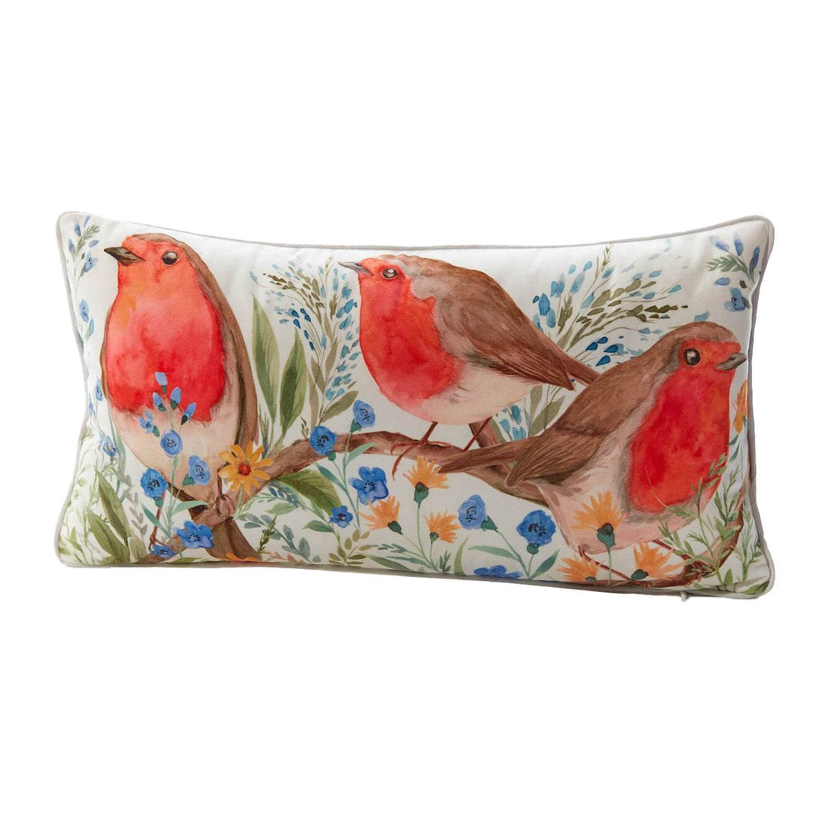 Robin Forget Me Not Cushion | Soft Velour Scatter Pillow with Watercolour Bird Cushion - Tophatter Daily Deals