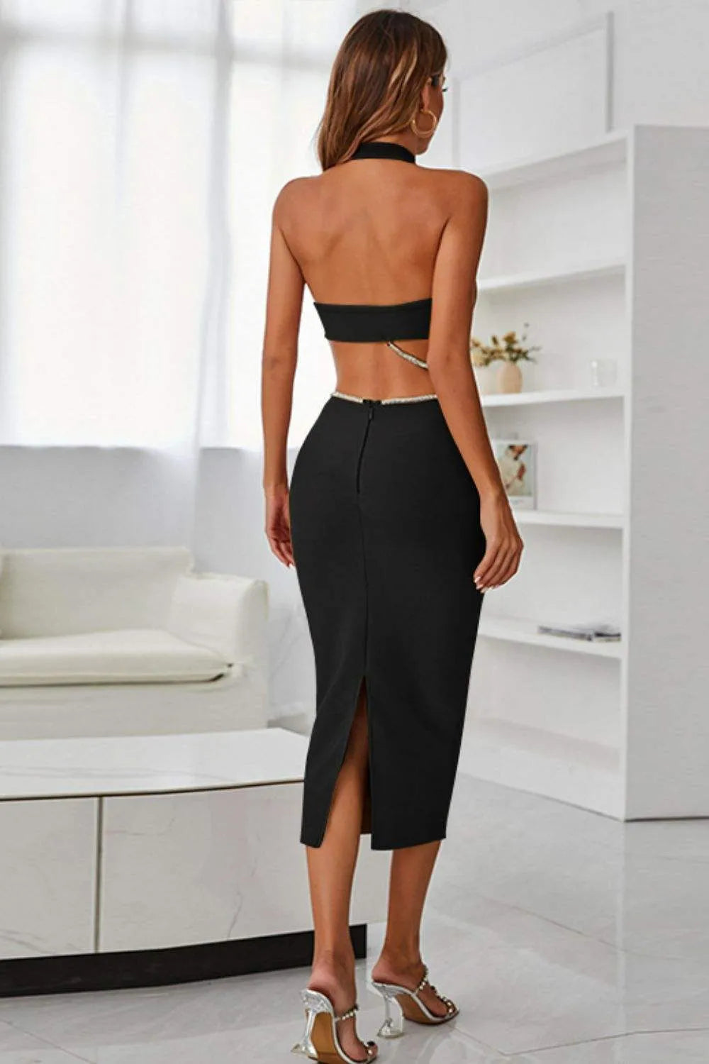 Rhinestone Halter Neck Cutout Slit Midi Dress Cocktail Dresses - Tophatter Daily Deals